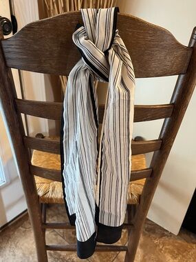 Vintage Jean Pierre Robin Striped Skinny Long Scarf Black & White Silk Like